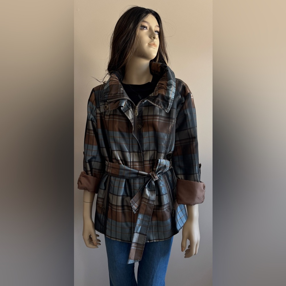 Puli Blue and Brown Plaid Trench Coat